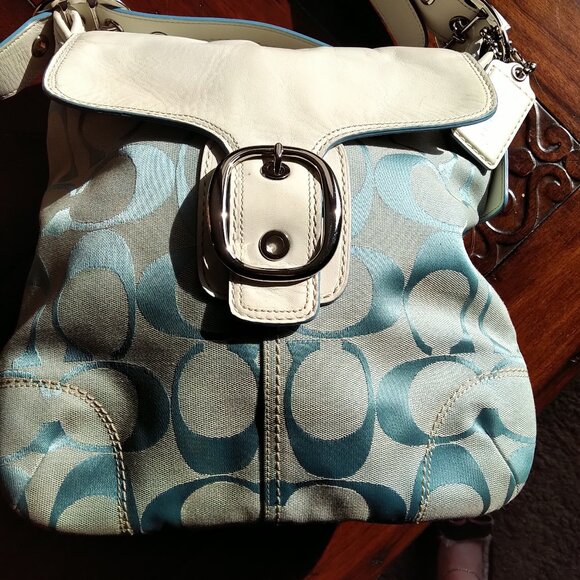Authentic COACH Blue Signature Leather and Canvas Flap Duffle # M0871-F13360 - Picture 1 of 16